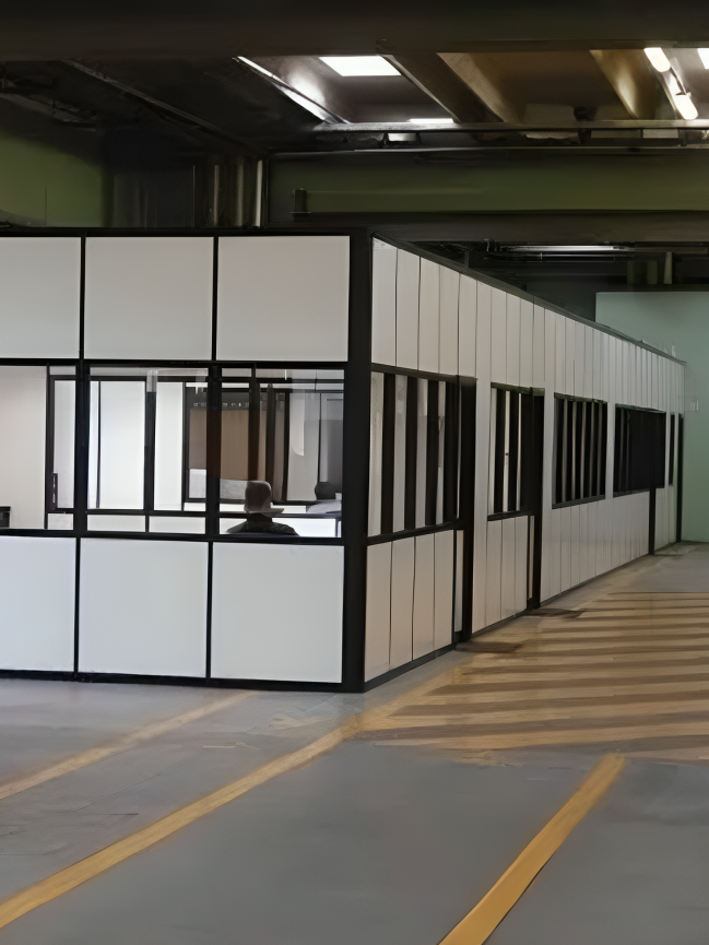 Box ufficio prefabbricato con pareti mobili divisorie e vetrate installato in reparto produttivo